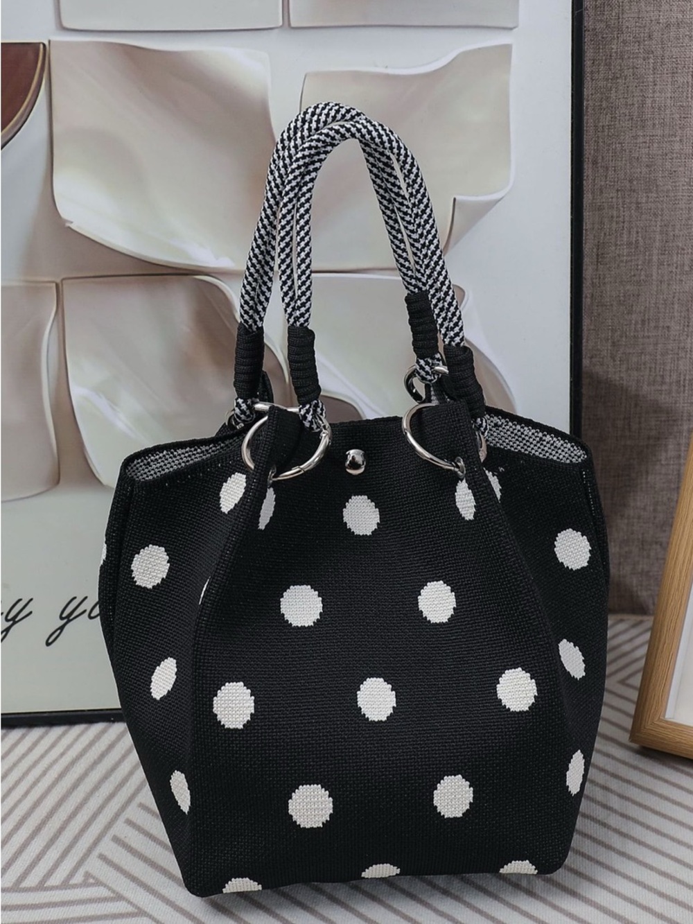 Zenana Outfitters Polka Dot Knit Tote Bag - Black & White